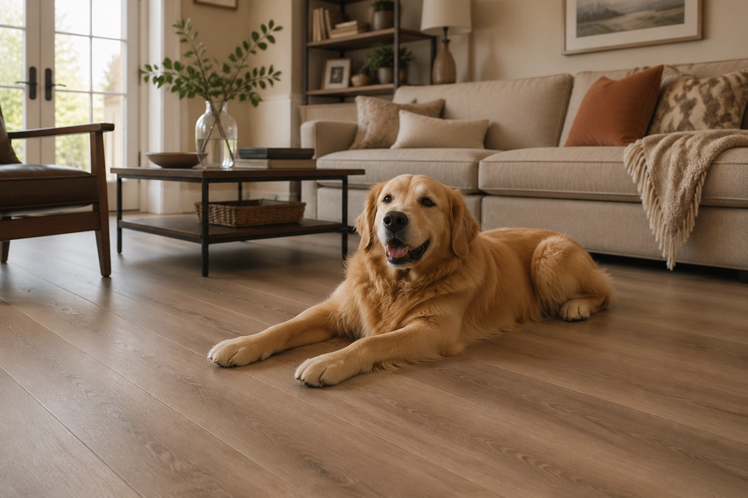 A golden retriever dog lying comfortably on a COREtec wide plank floor