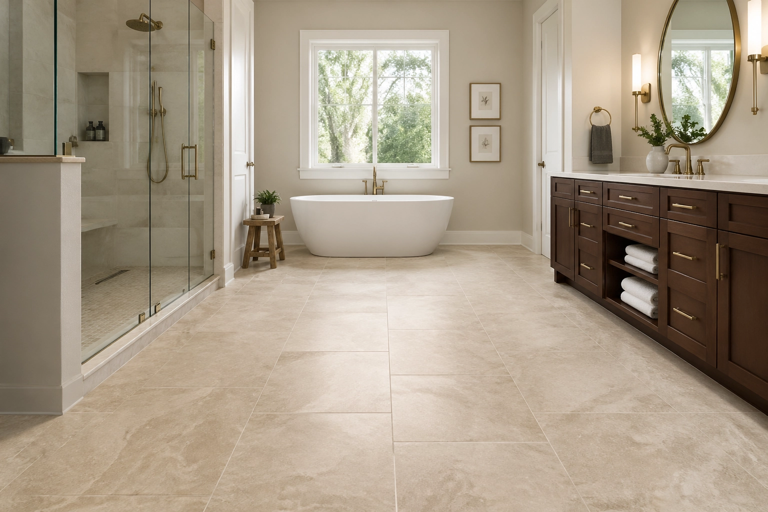 A spacious, modern master bathroom featuring VV870-COREtec Tile with 12x24 dimensions in a neutral sandstone color.