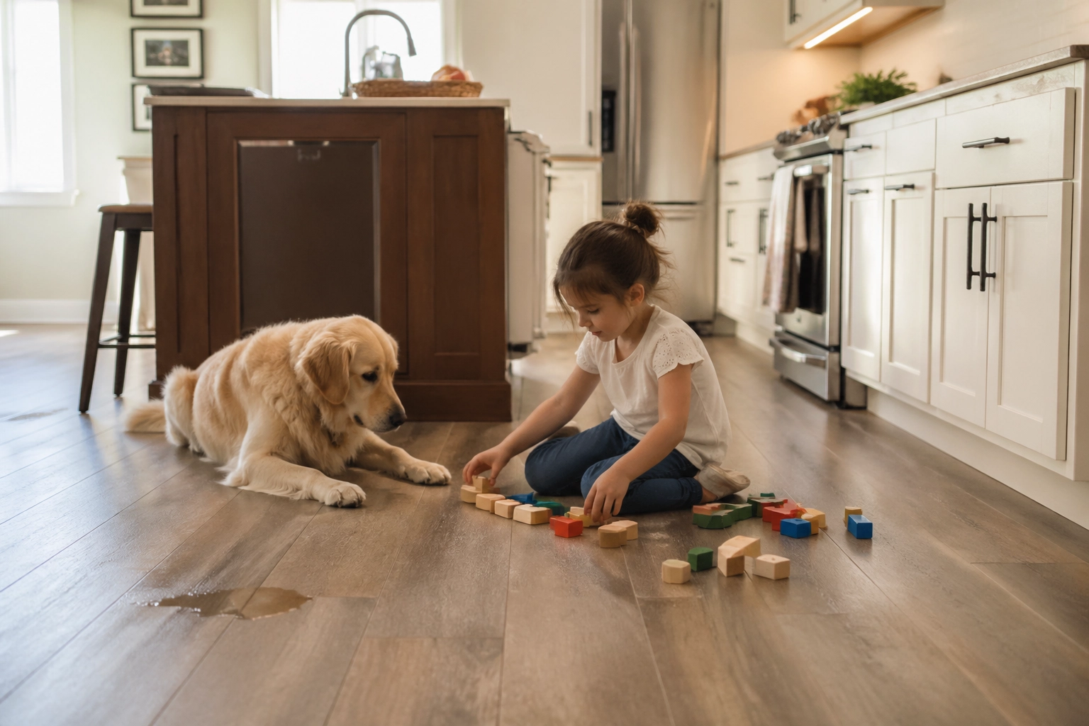 A modern kitchen scene with a child playing on the floor and a dog nearby, showcasing the waterproof and petproof nature of COREtec Originals Premium flooring.