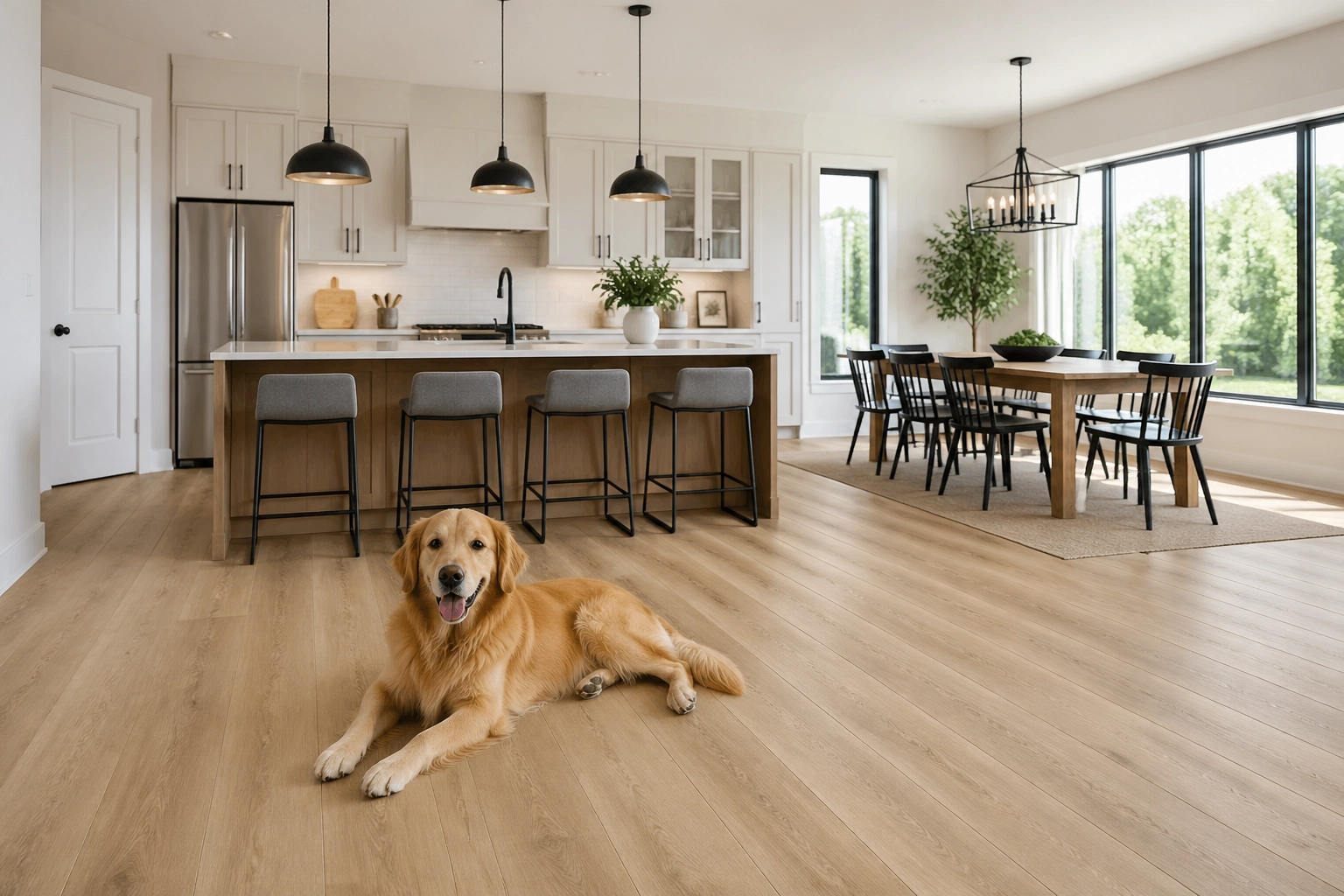 A happy pet on the durable and waterproof VV845 flooring