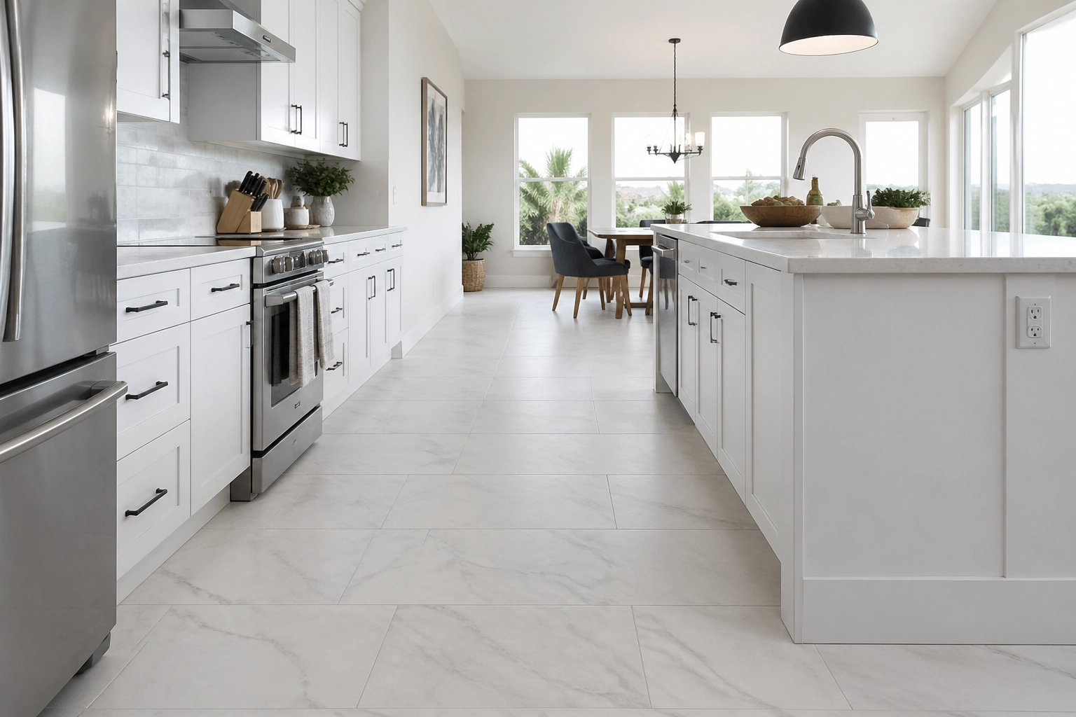 Sophisticated San Diego kitchen featuring VV848-COREtec 12x24 stone-look tiles