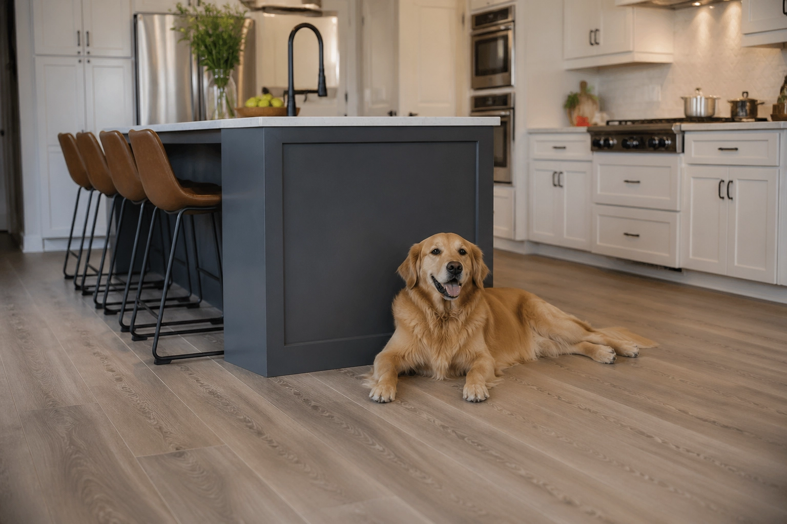 Golden Retriever dog on COREtec Pro Premium flooring in a kitchen
