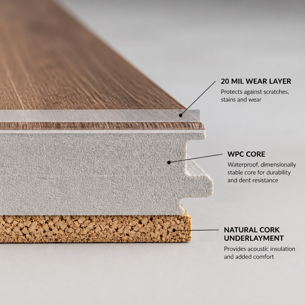 Cross-section of VV855-COREtec layers including WPC core and cork underlayment