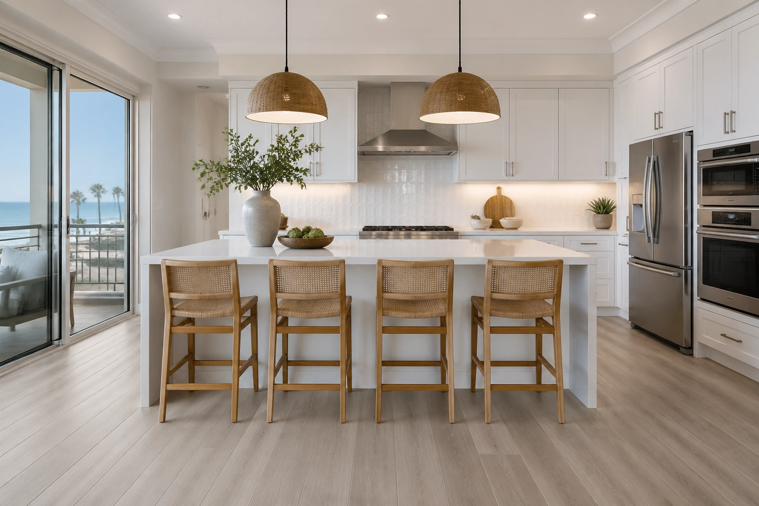 A modern coastal kitchen in Solana Beach featuring the realistic wood visual of VV585-COREtec flooring.