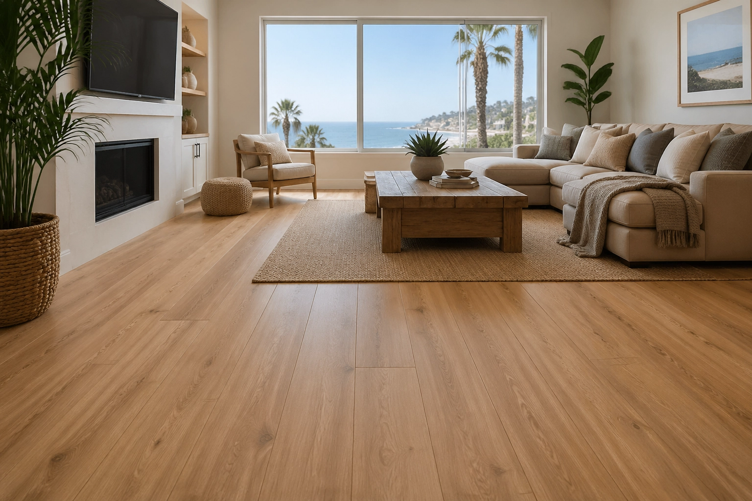 Modern coastal living room featuring wide-plank wood-look flooring with natural light