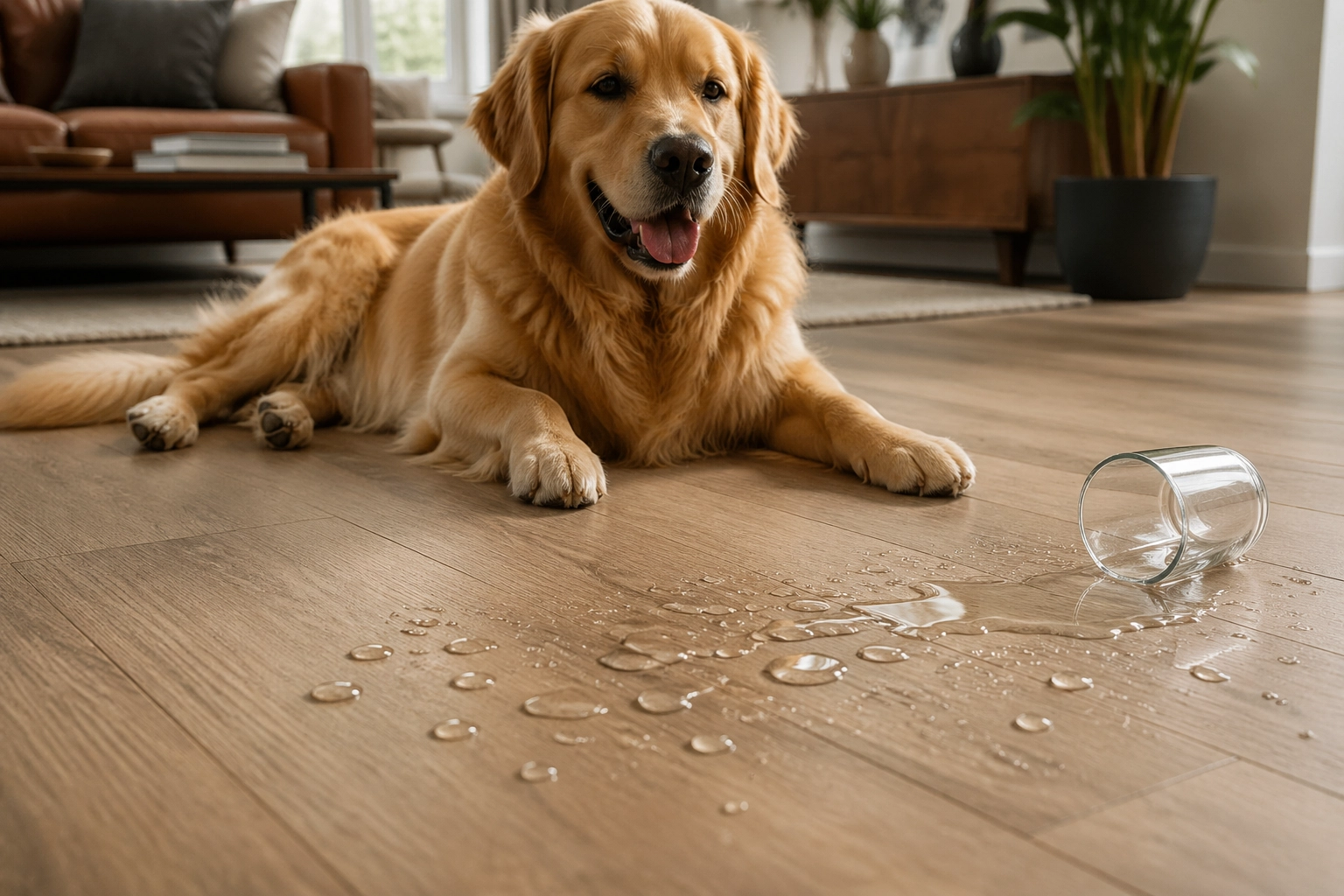 Golden retriever resting on waterproof COREtec VV880 flooring with a small water spill beading on the surface